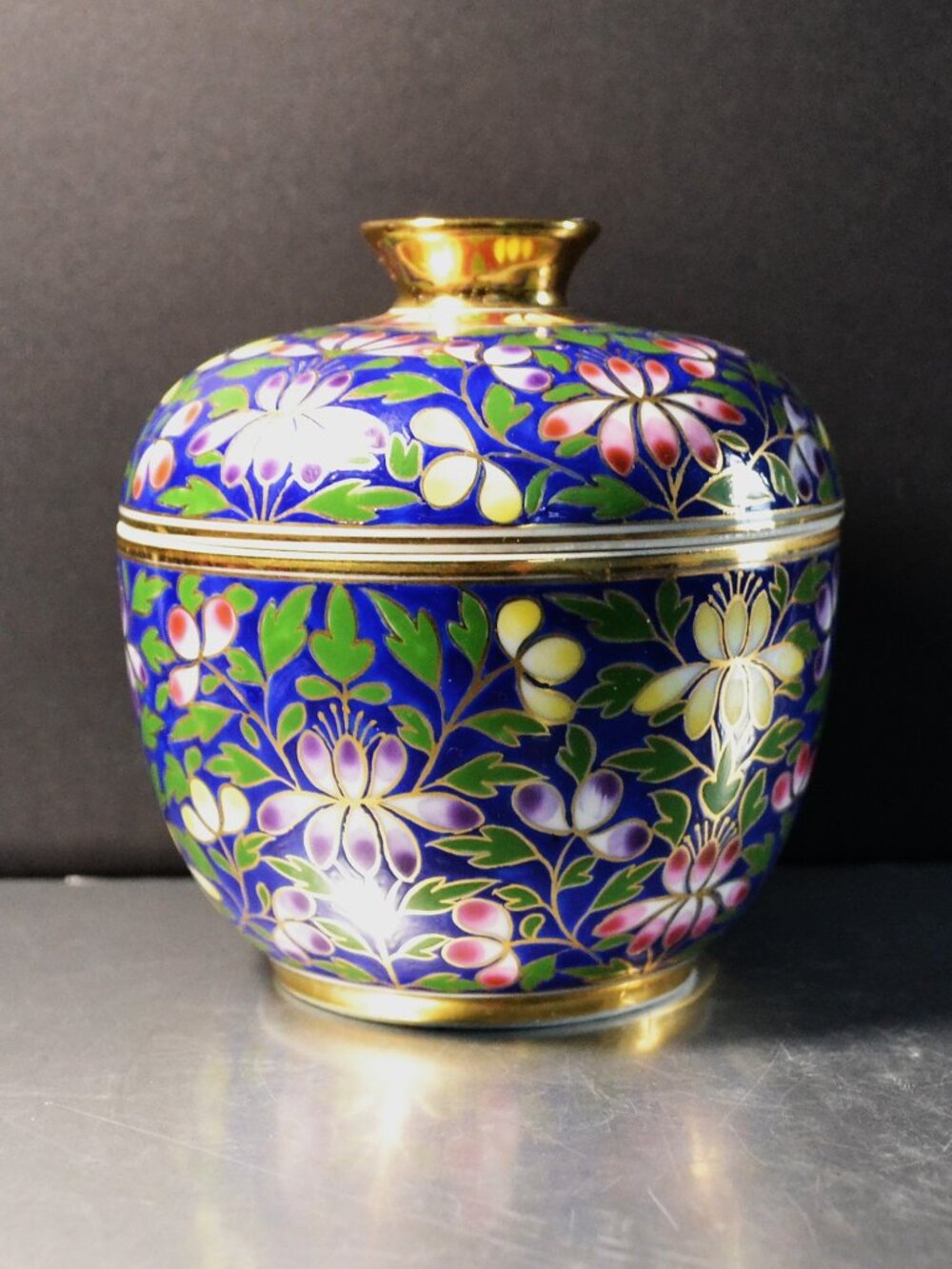 Traditional Thai Benjarong Ginger Jar Ornate Cobalt Blue Gold Enamel With Lid